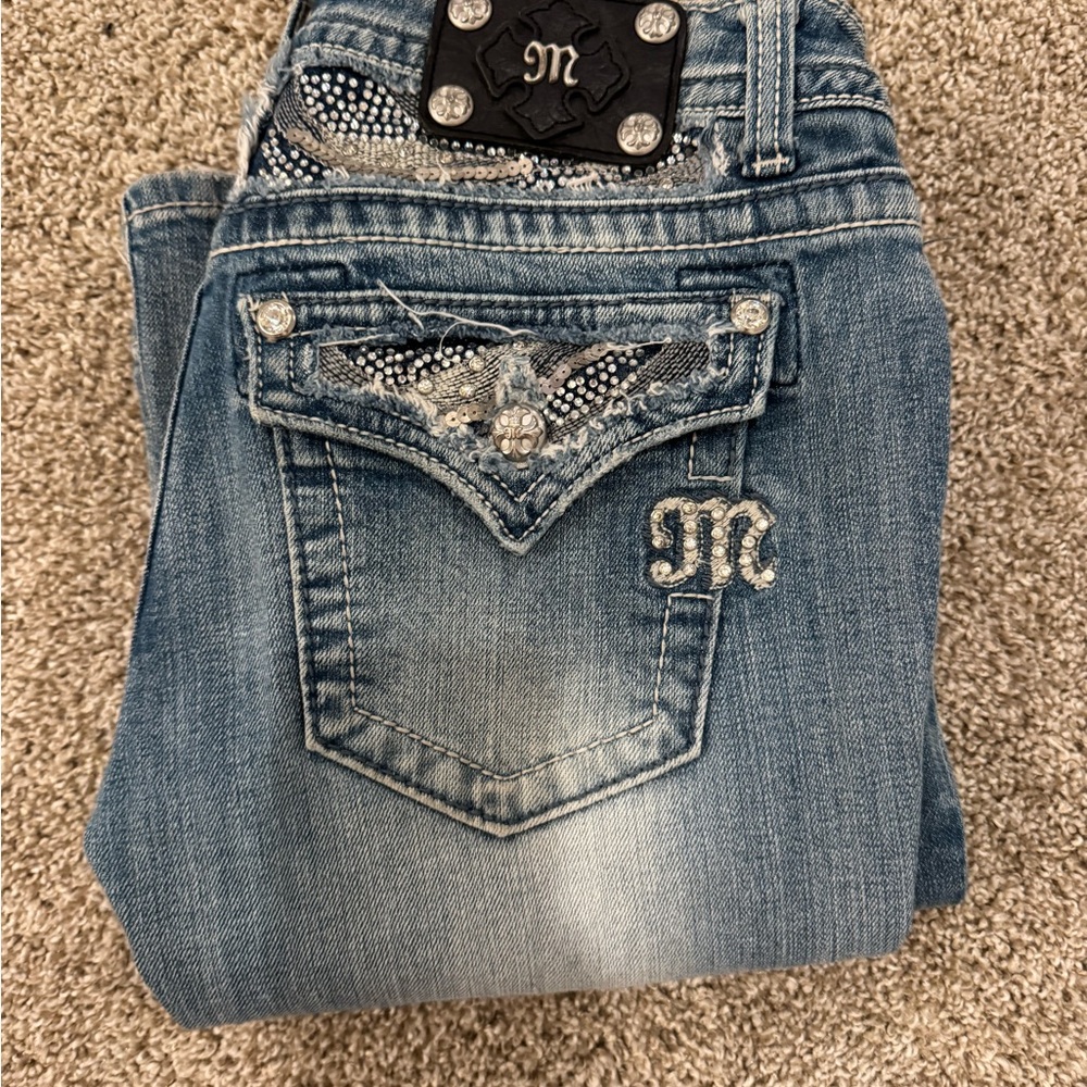 Miss Me Blue Boot Cut Jeans with Decorative Design